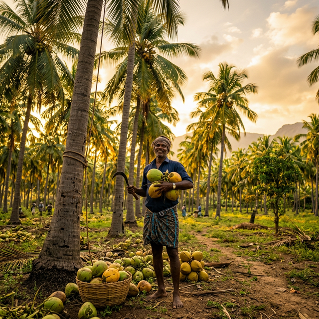 Coconut farmer in Tamil Nadu plantation